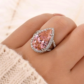 Fashion Elegance Signature Touch 6.5Ct Pear Cut Pink Stone Halo Engagement Ring In Sterling Silver