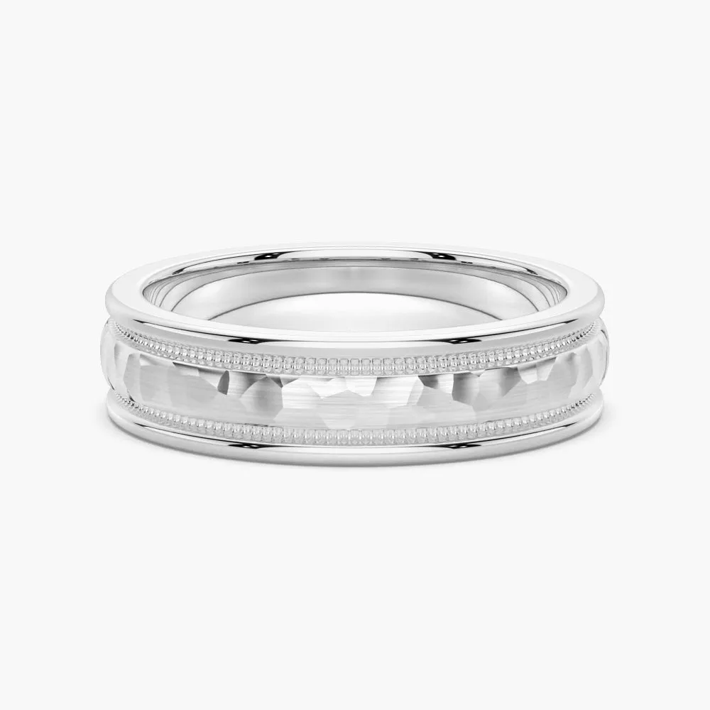 Precious Touch 6mm Hammered Milgrain Comfort Fit Men's Wedding Band