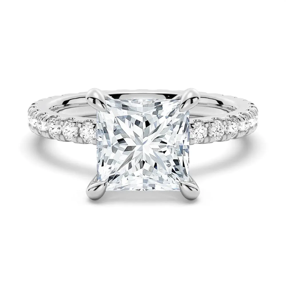 Princess Cut Moissanite Engagement Ring With Eternity Pave Band Layer Accent Memorial Gift
