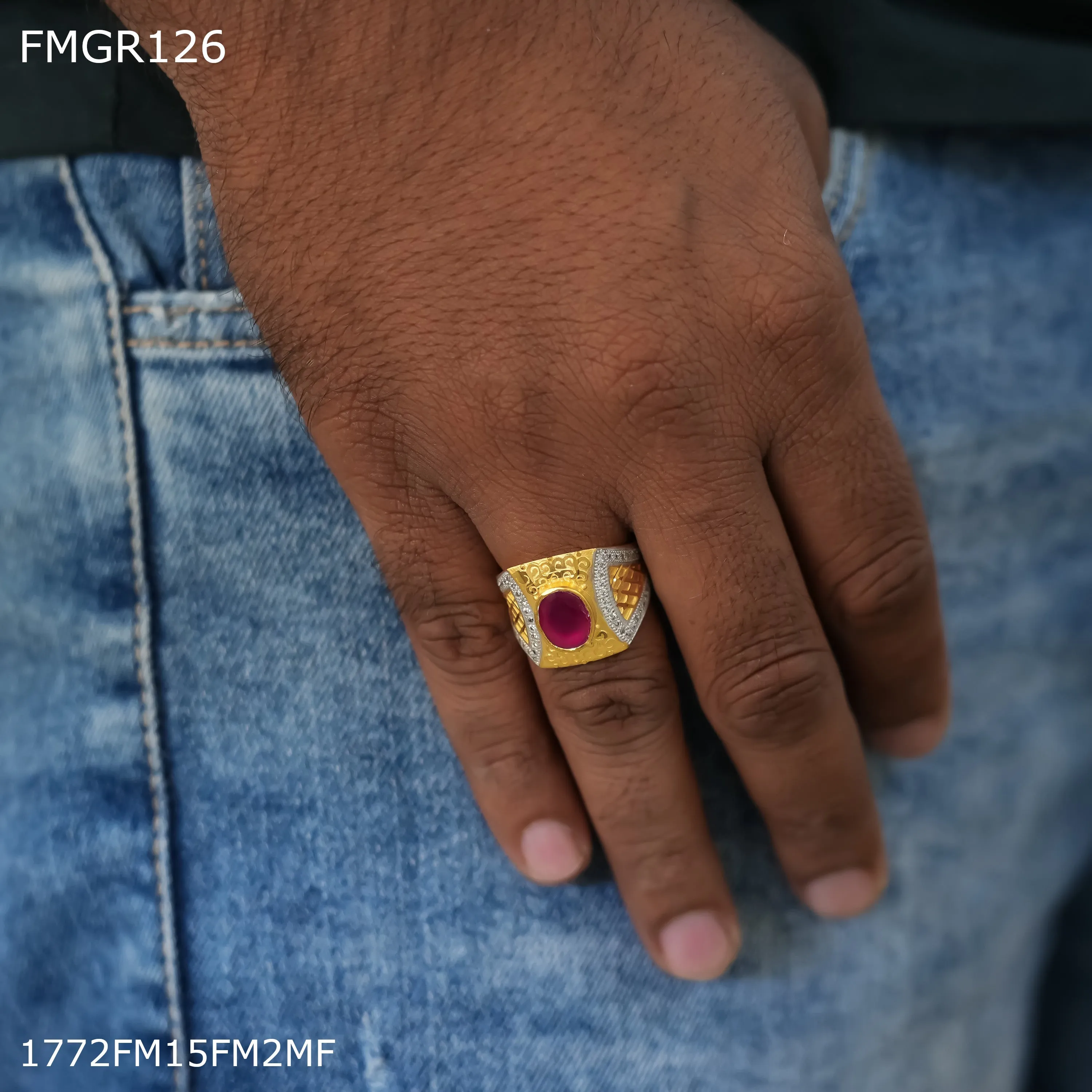 Flexible Design Fun Accent Freeme 1gm redpink stone ad gold plated ring for men - FMGRI126