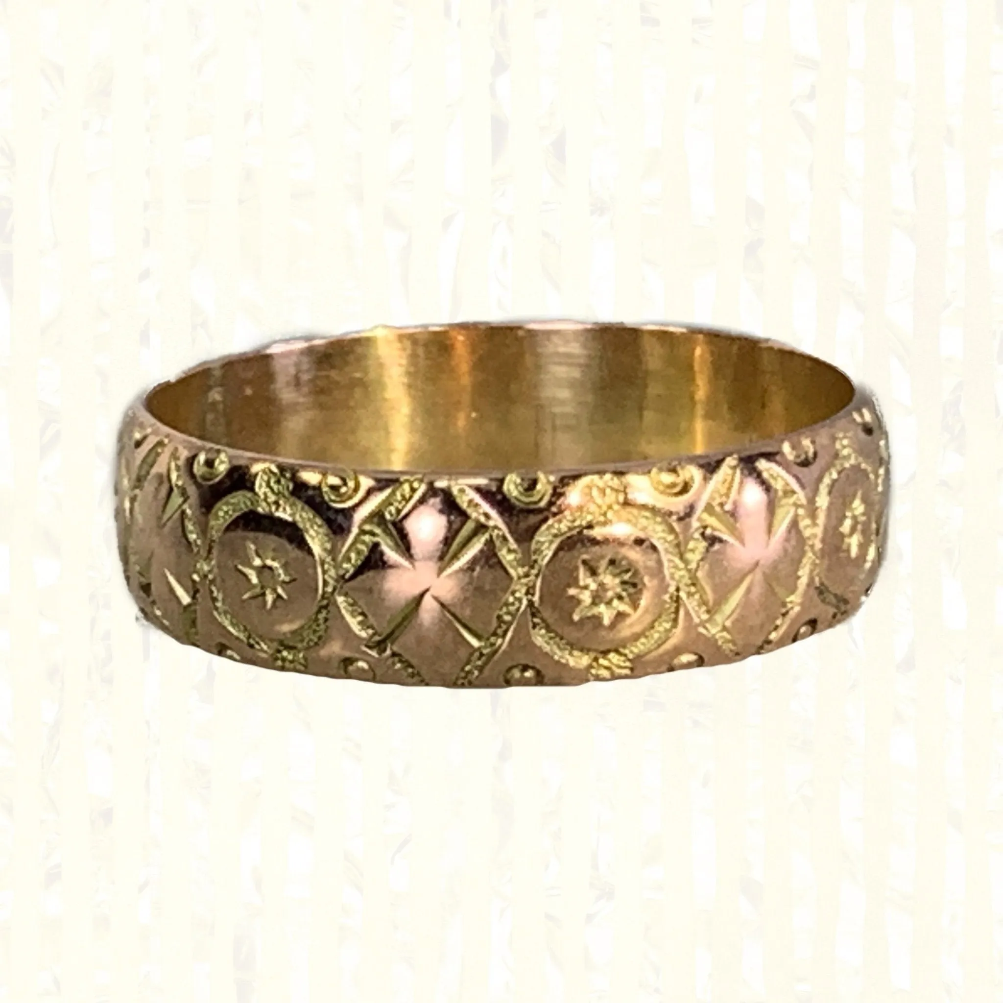 Antique 1920s Etched Rose Gold Wedding Band with Art Nouveau Design. Stacking or Thumb Ring. Unique Embellishment