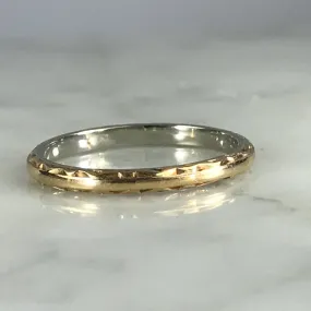 Antique 1920s Wedding Band in 18k White and Yellow Gold. Stacking Ring with Art Deco Etching. Girlfriend Gift Celebrity Style
