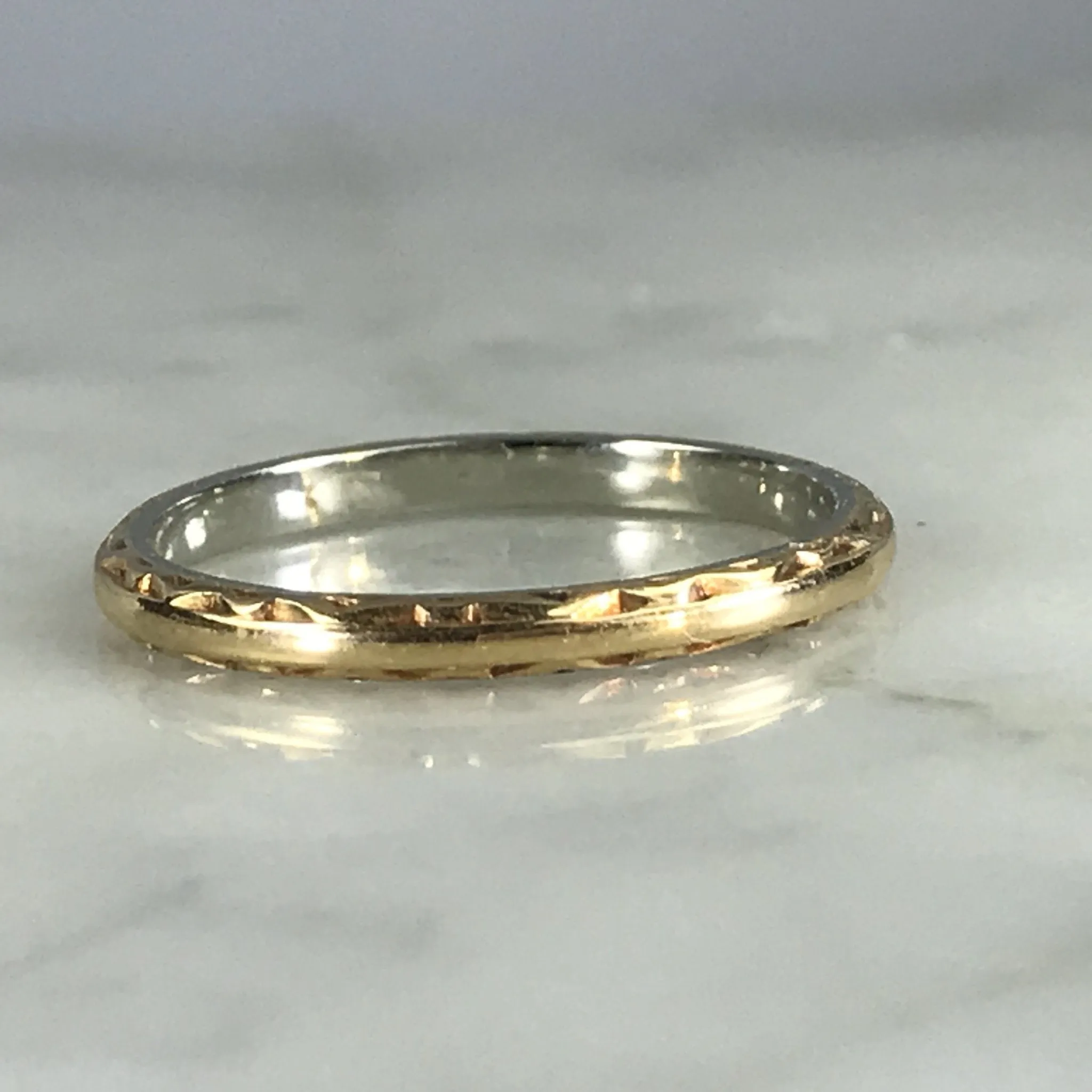 Antique 1920s Wedding Band in 18k White and Yellow Gold. Stacking Ring with Art Deco Etching. Girlfriend Gift Celebrity Style