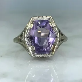 Antique Amethyst Ring. 10K White Gold. Art Nouveau Filigree. February Birthstone. 6th Anniversary. Branded Embellishment