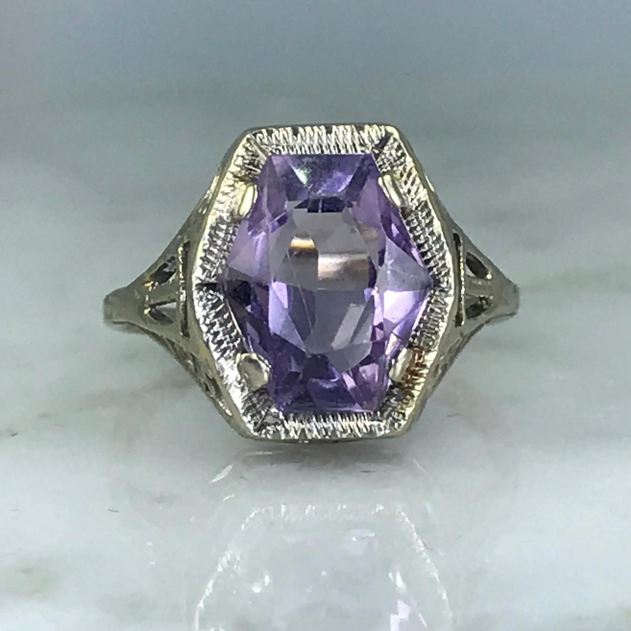 Antique Amethyst Ring. 10K White Gold. Art Nouveau Filigree. February Birthstone. 6th Anniversary. Branded Embellishment