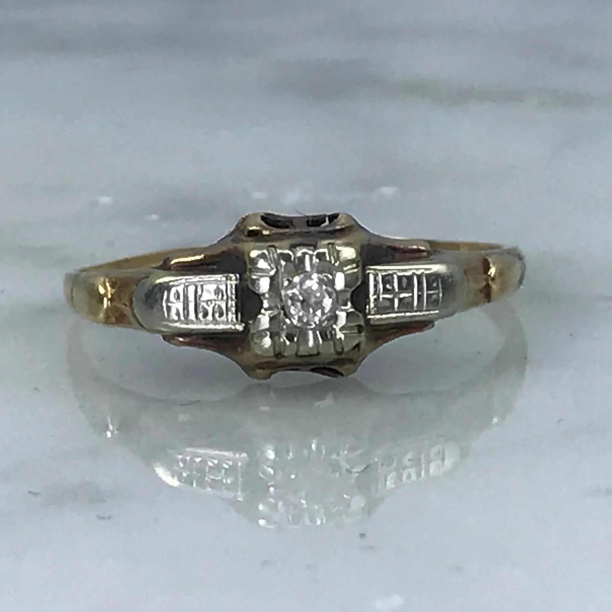 Value Gift Statement Spark Antique Art Deco Diamond Engagement Ring. 14K Gold Setting. April Birthstone. 10 Year Anniversary Gift.