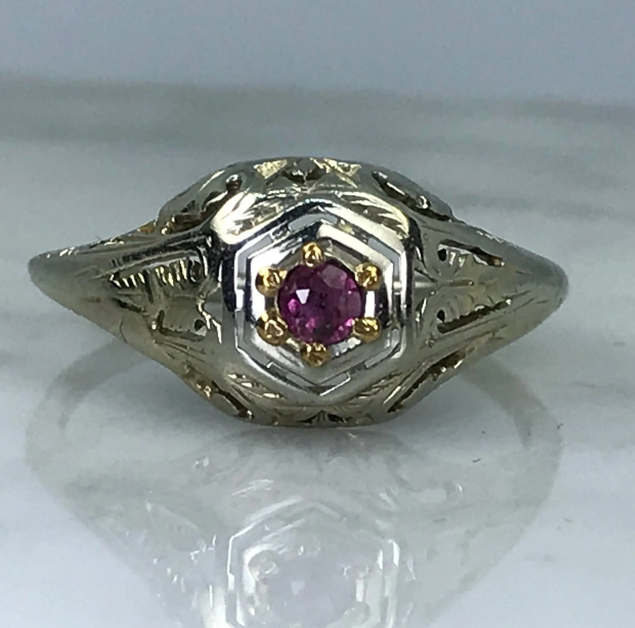 Antique Ruby Ring. 14K Gold Art Deco Filigree Setting.  July Birthstone. 15th Anniversary. APPRAISED Pure Form
