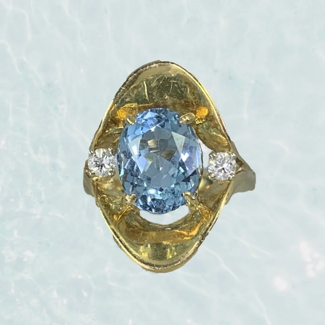 Aquamarine Diamond Statement Ring in a 14k Yellow Gold Modernist Setting. March Birthstone. Balanced Contour Artisan Touch