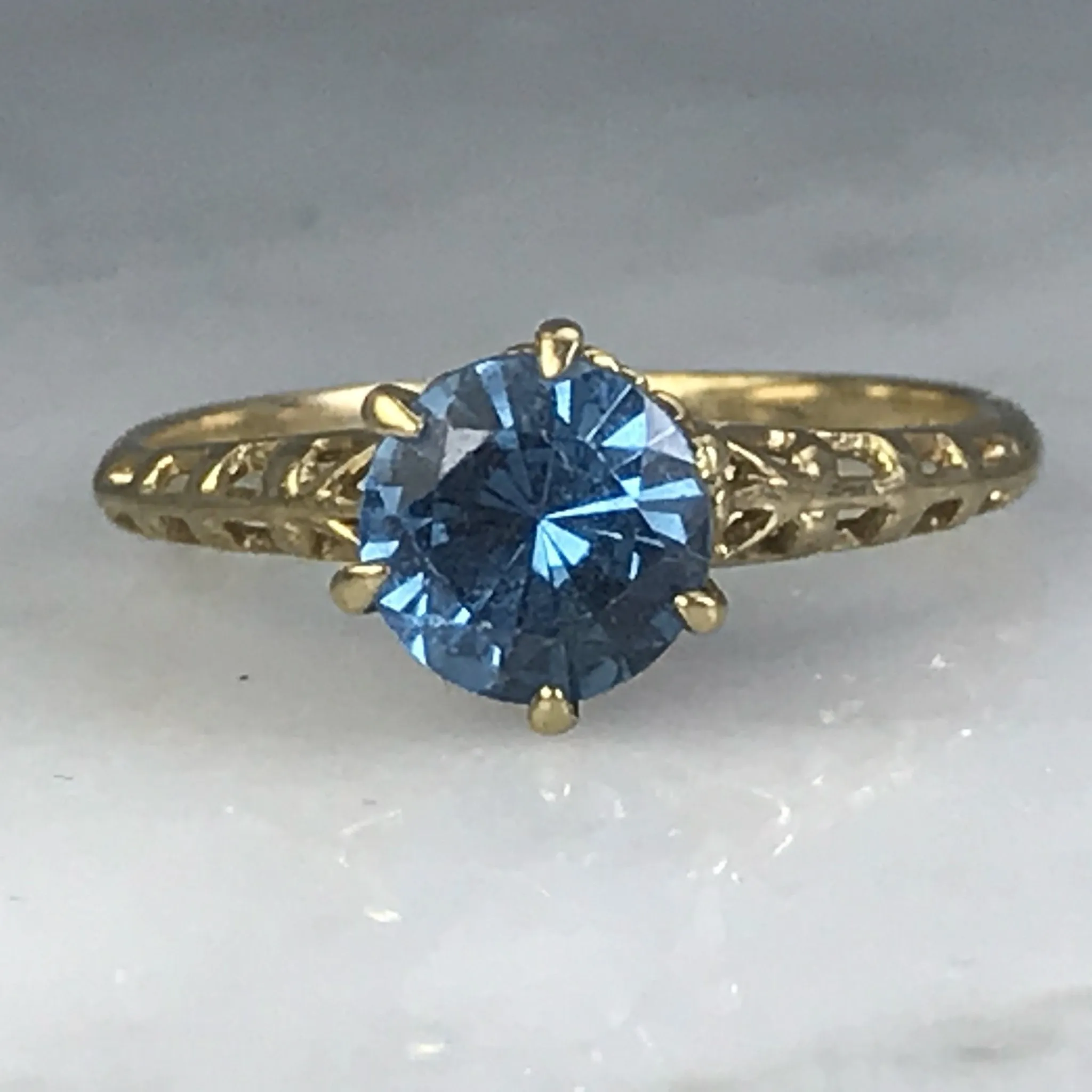 Aquamarine Engagement Ring by Crosby. 10k Yellow Gold Setting. March Birthstone. 19th Anniversary. Neutral Look