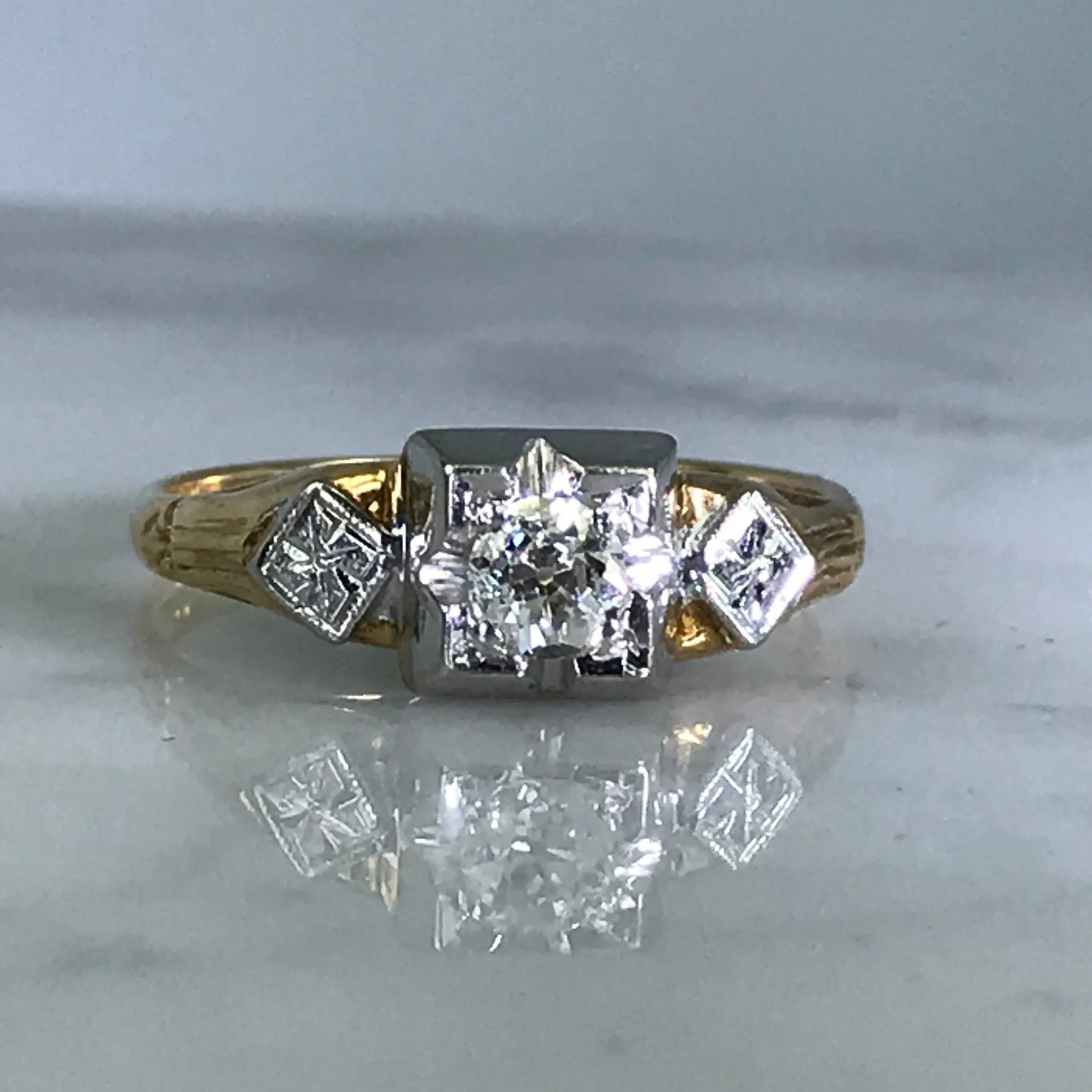 Wedding Keepsake Clean Sparkle Art Deco Diamond Engagement Ring. 14K Gold. Estate Jewelry. April Birthstone. 10 Year Anniversary.