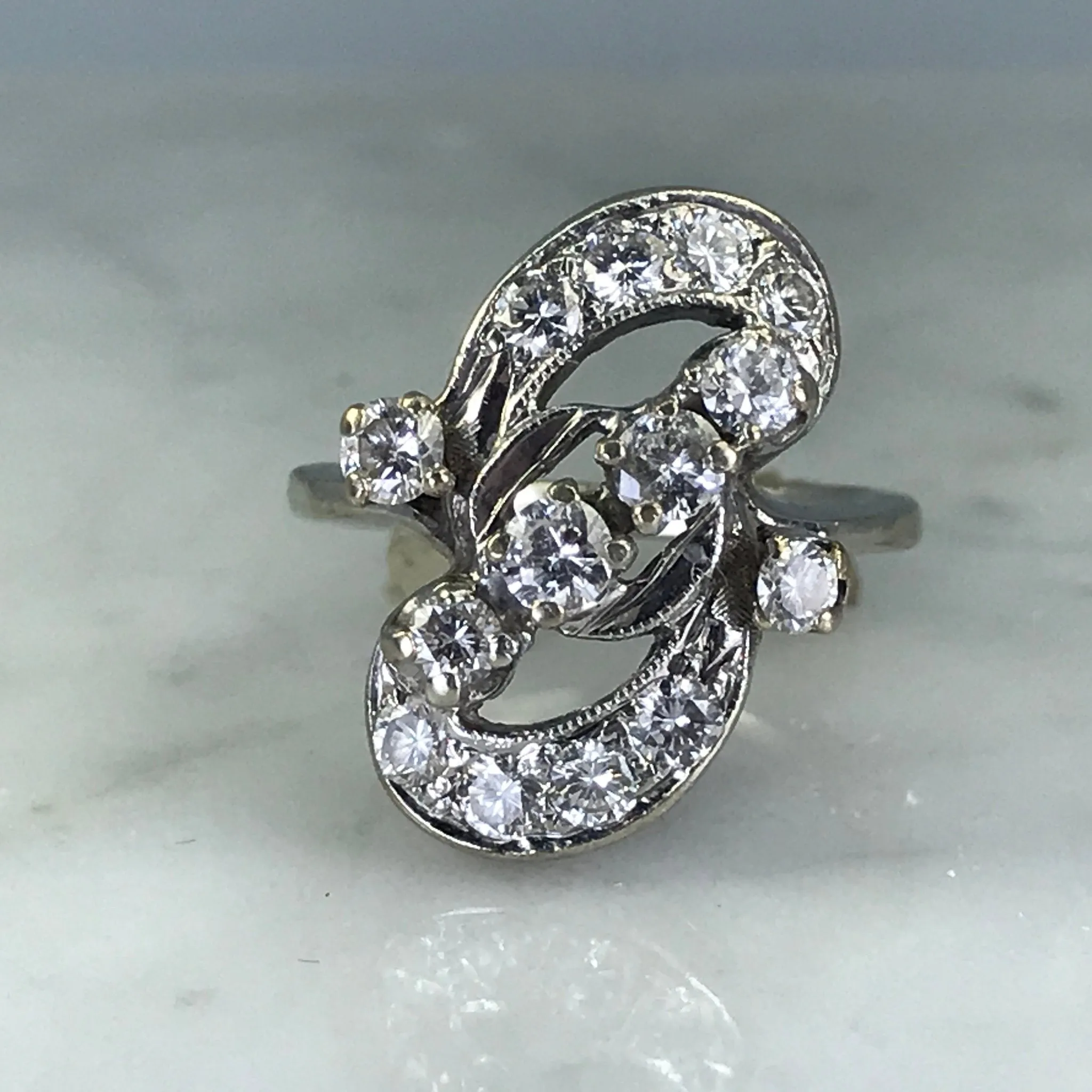 Art Deco Diamond Statement Ring. 14K White Gold. April Birthstone. 10 Year Anniversary. Appraised. Low-Cost Ornament Made to order