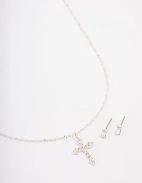 Silver Plated Diamante Cross Pendant Necklace & Stud Earring Set Custom Craftwork