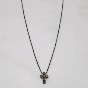 Modern Contour Fashionable Shine Finish 10k White Gold and Diamond Cross Pendant & Box Chain Necklace | 18" | 0.08ctw