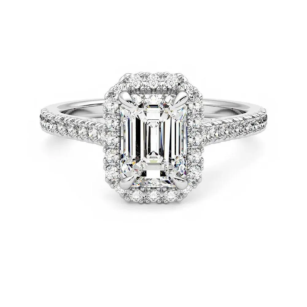 Captivating Accent Classic Vibe Emerald Cut Halo Moissanite Engagement Ring with Hidden Anniversary Stone Accent