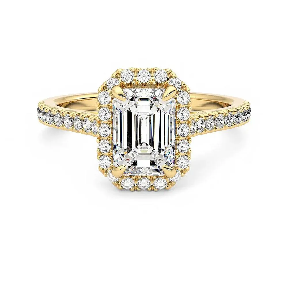 Dashing Accent Durable Style Emerald Cut Halo Moissanite Engagement Ring with Hidden Anniversary Stone Accent