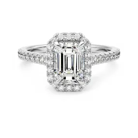 Wardrobe Essential Comfortable Object Emerald Cut Halo Moissanite Engagement Ring with Hidden Anniversary Stone Accent