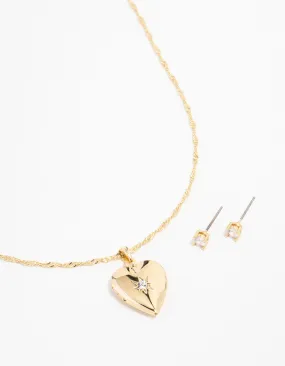 Gold Plated Cubic Zirconia Heart Locket Necklace & Stud Earrings Set Distinctive Edge Chic Flow