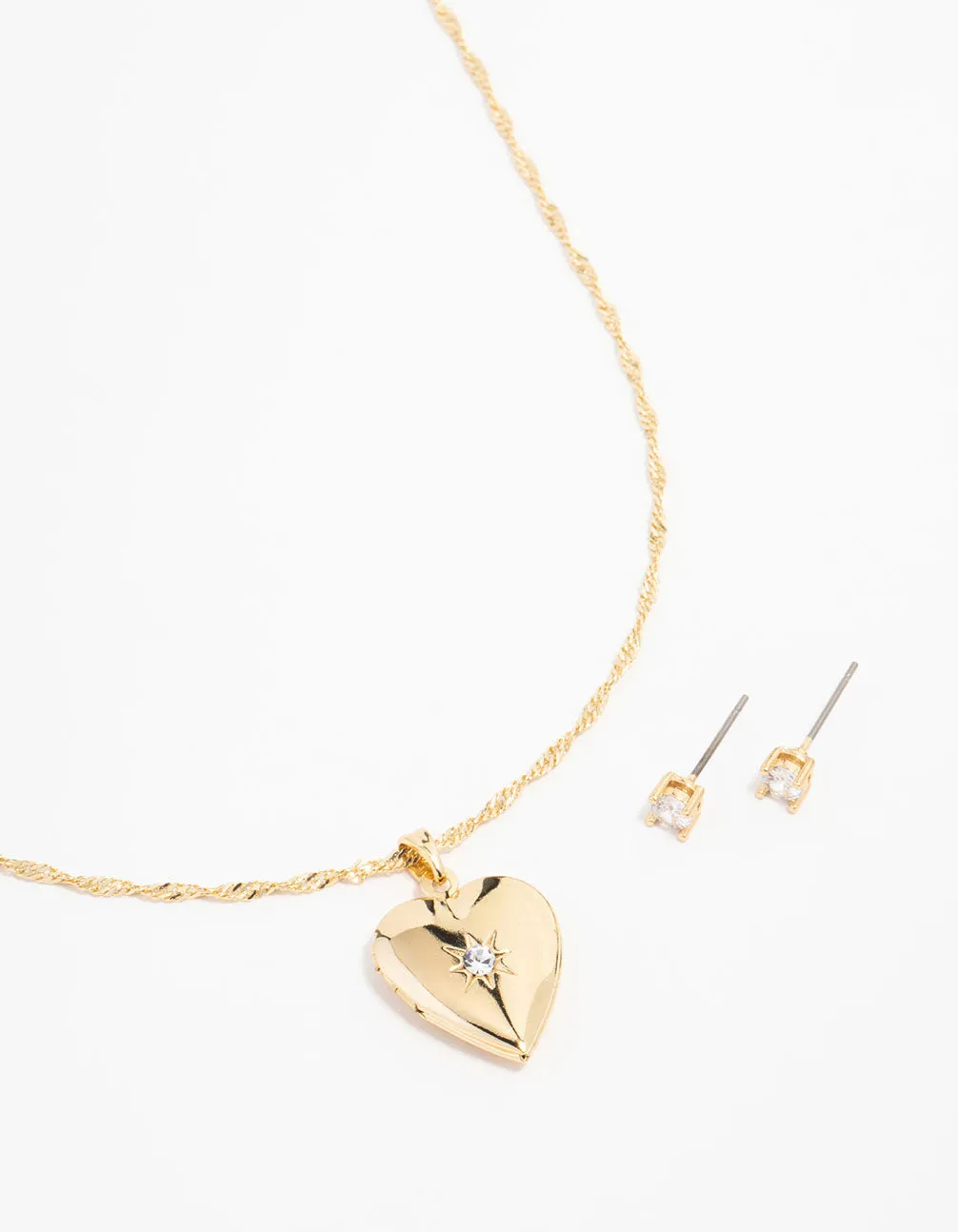 Gold Plated Cubic Zirconia Heart Locket Necklace & Stud Earrings Set Distinctive Edge Chic Flow