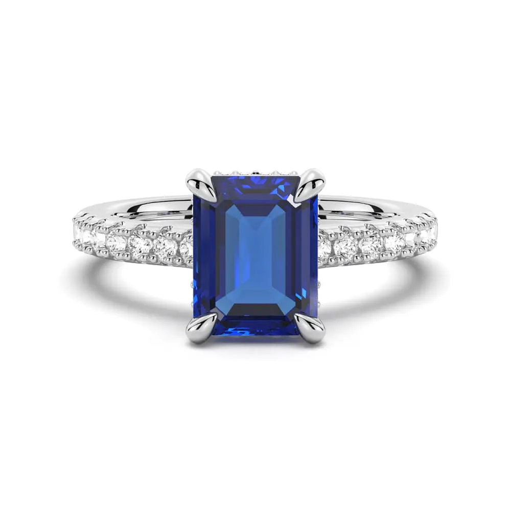 3 CT. Side Stone Lab Grown Sapphire Engagement Ring With Hidden Halo Minimal Highlight Ocean Breeze