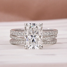 Textured Highlight Handcrafted Glam 3.5Ct Radiant Cut White Gold Moissanite Diamond Wedding Ring with Criss Cross Band