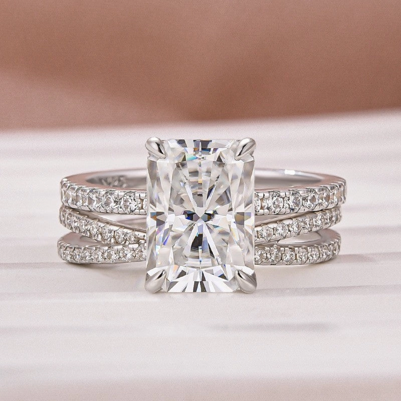 3.5Ct Radiant Cut White Gold Moissanite Diamond Wedding Ring with Criss Cross Band Elegant Gem Layering Choice