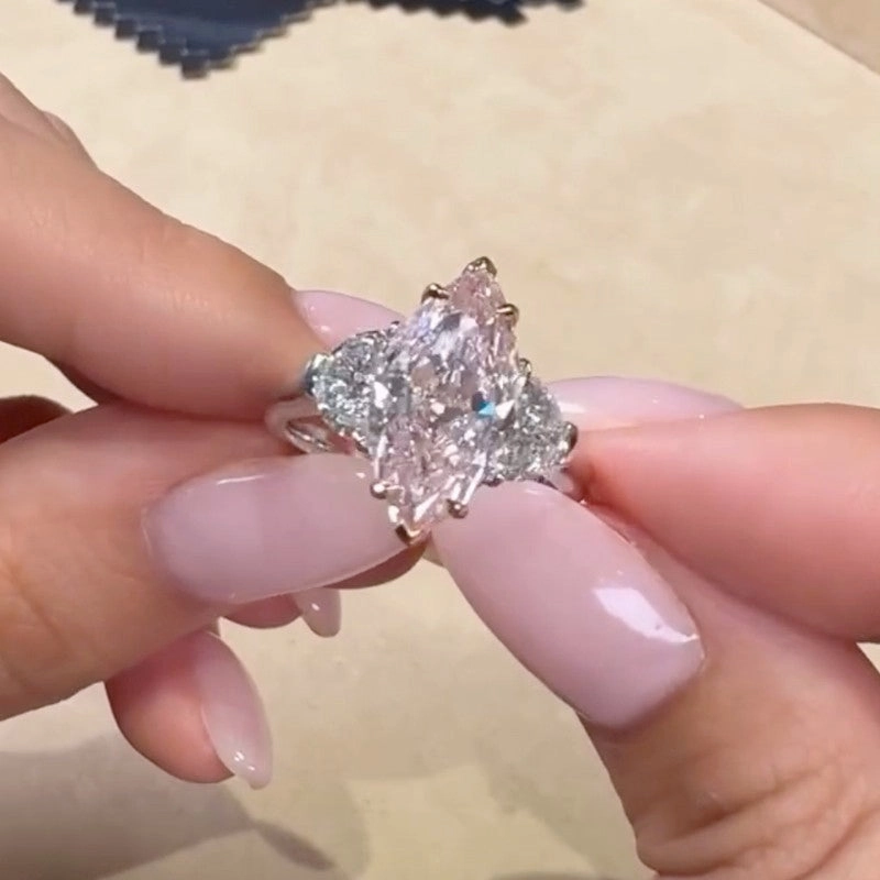 6.0Ct Pink Marquise Cut Three Stone Engagement Ring In Sterling Silver Sleek Design Fashionable Touch