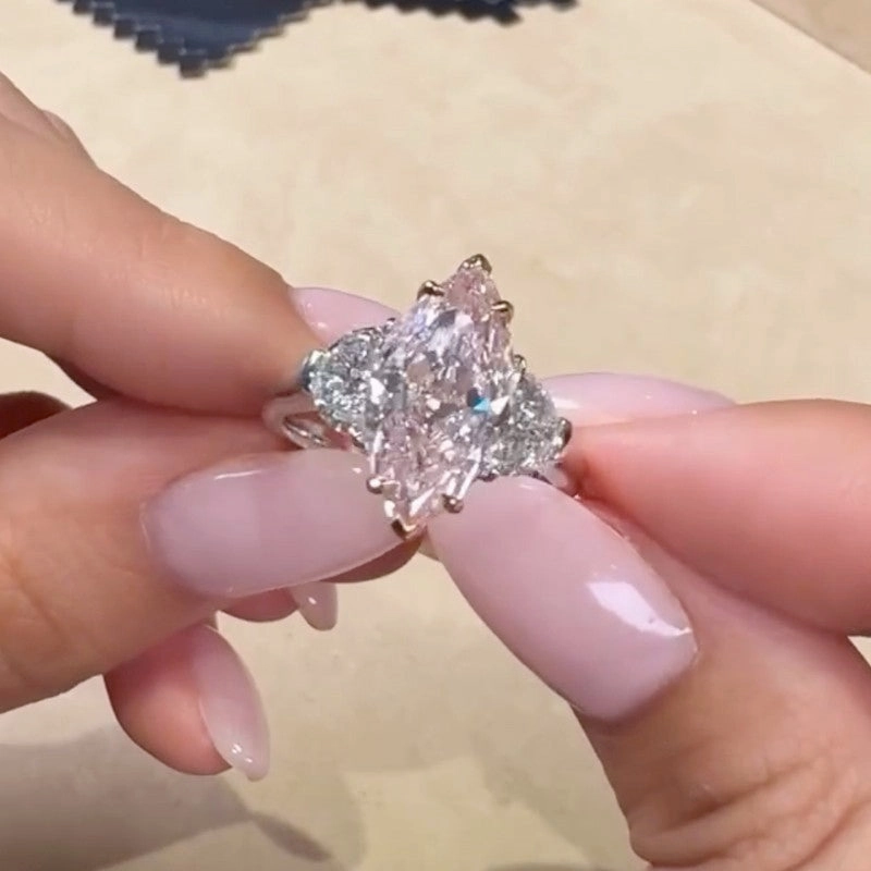 Chic Fashion Refined Craftwork 6.0Ct Pink Marquise Cut Three Stone Engagement Ring In Sterling Silver