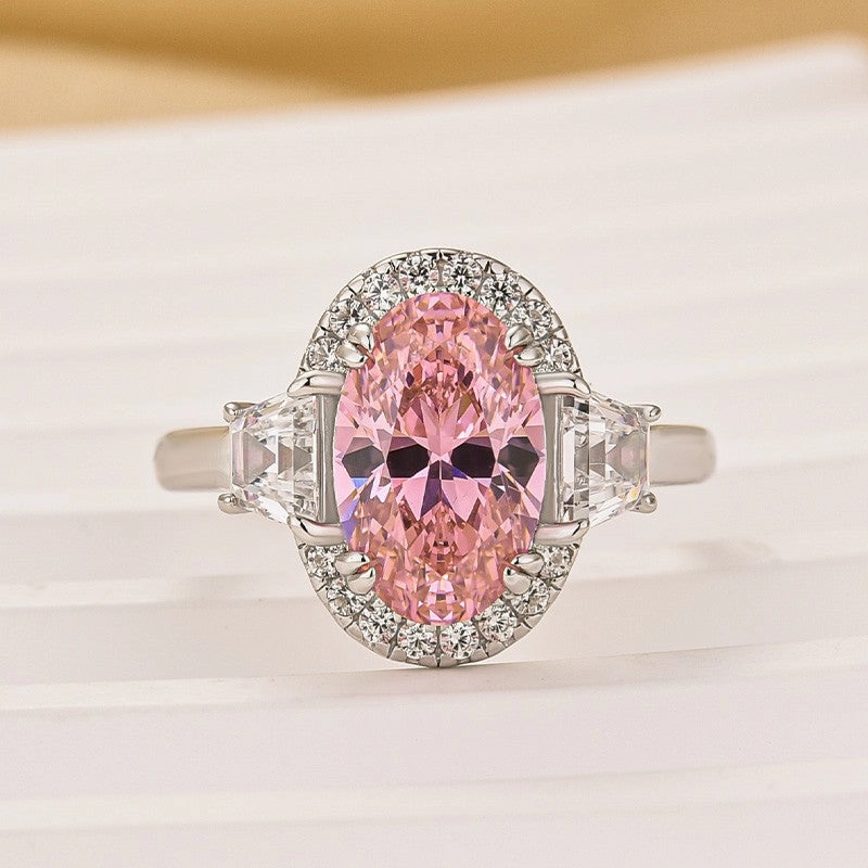 Natural Elements Gloss Edge 2.5Ct Halo Oval Cut Three Stone Engagement Ring Promise Ring For Her