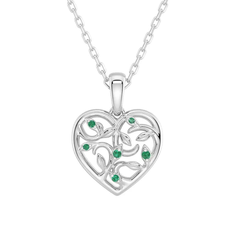 Asymmetrical Vine Motif Lab Grown Emerald Heart Necklace Detail Focus