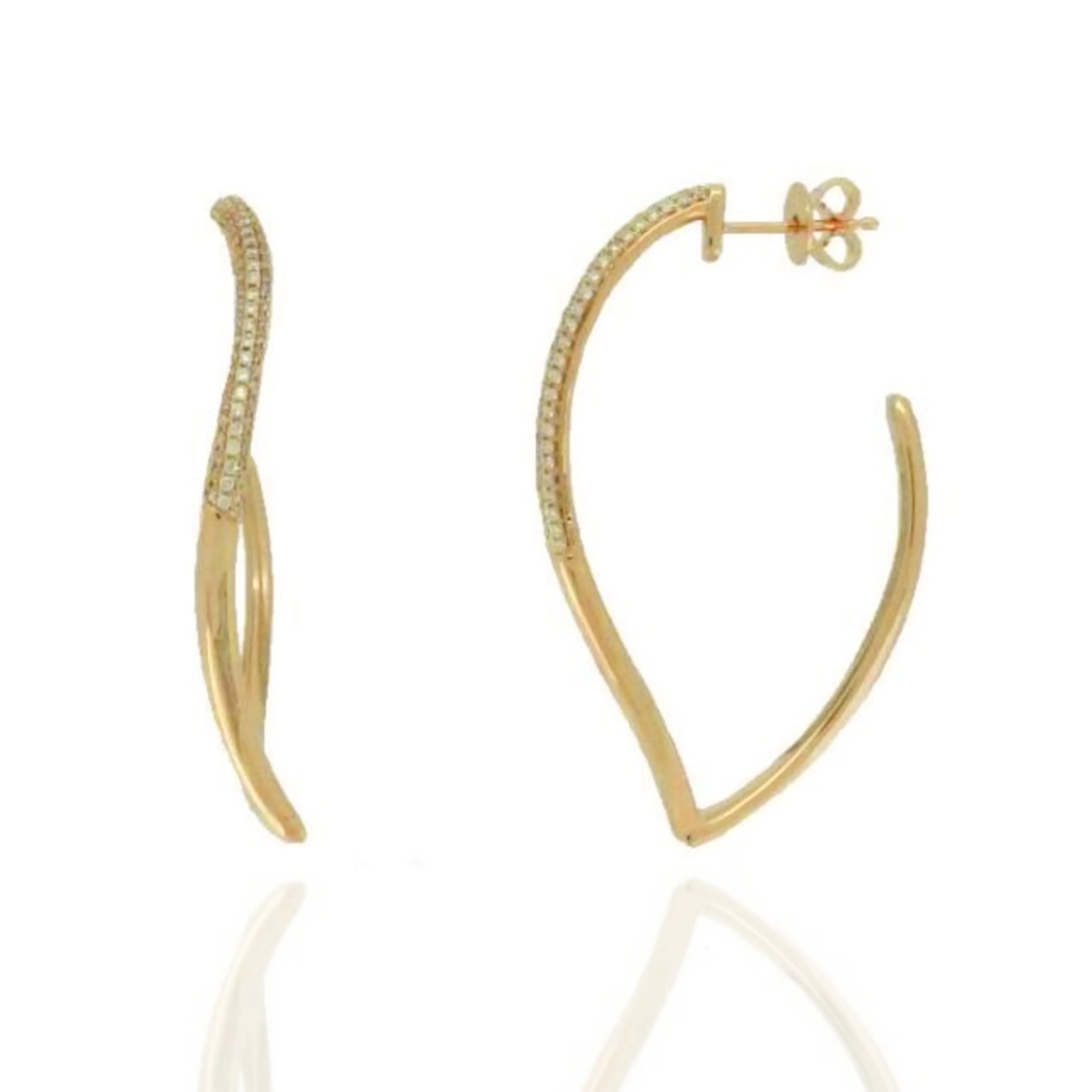 14K Gold Wavy Marquise Shaped Diamond Hoop Earrings Durable Adornment Metallic Piece