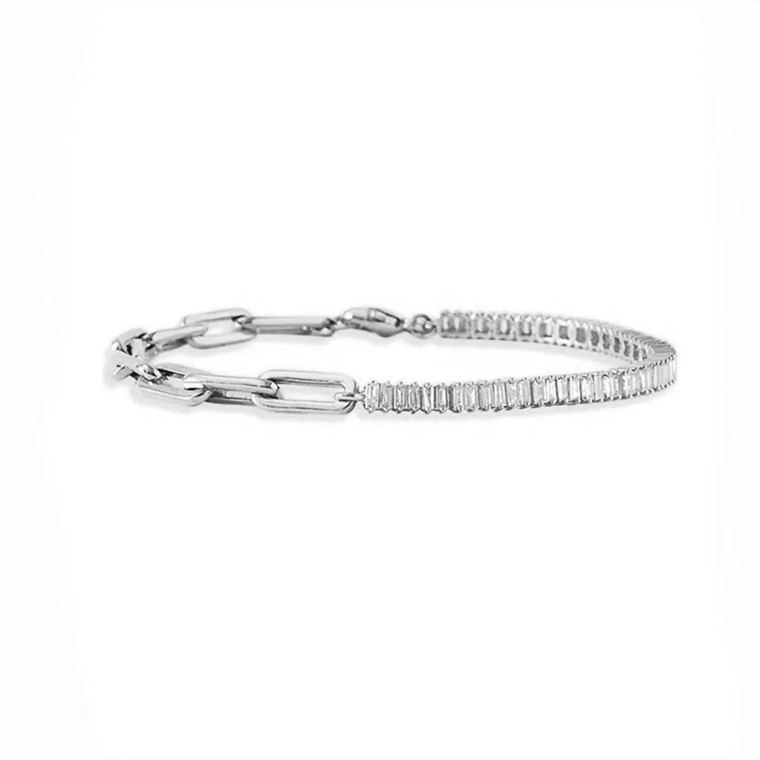 Stylish Line Lightweight Piece Baguette Cut Moissanite and Paperclip Chain Bracelet