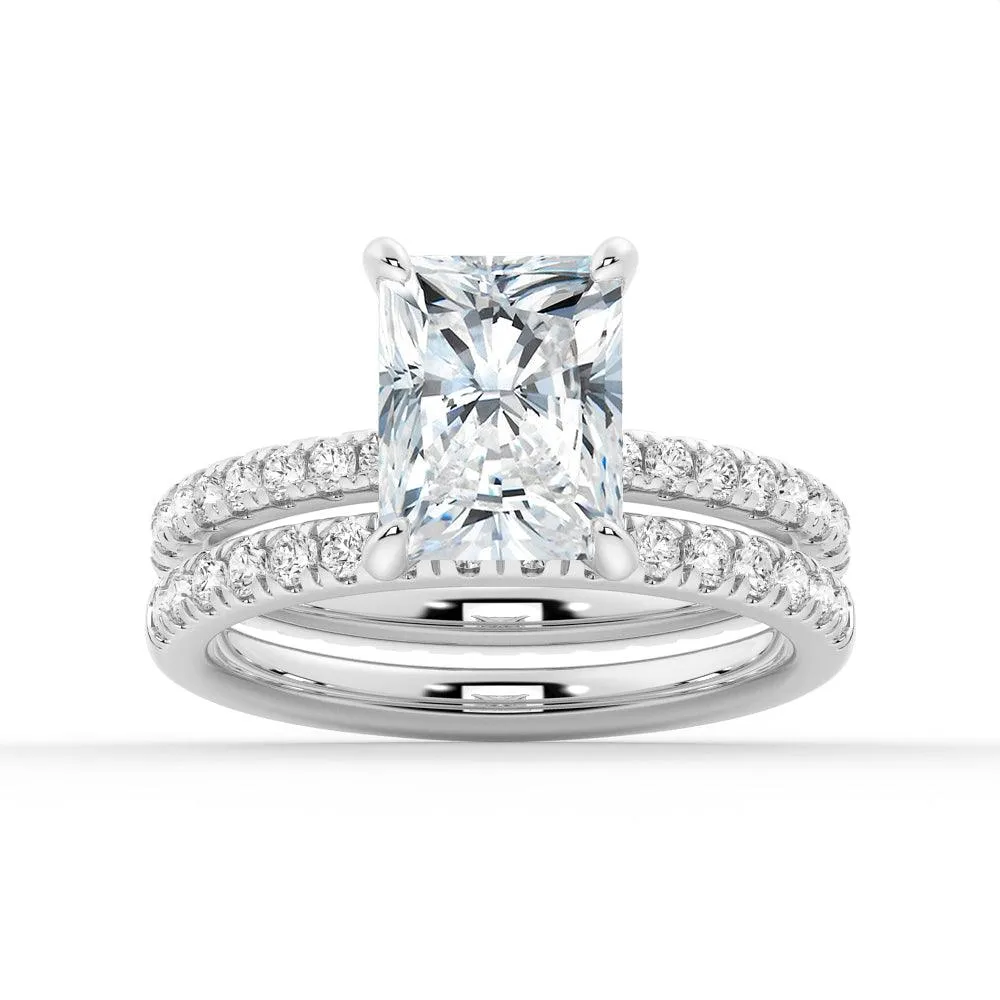 Solitaire Radiant Cut Moissanite Ring Set with Matching Wedding Band Pure Touch