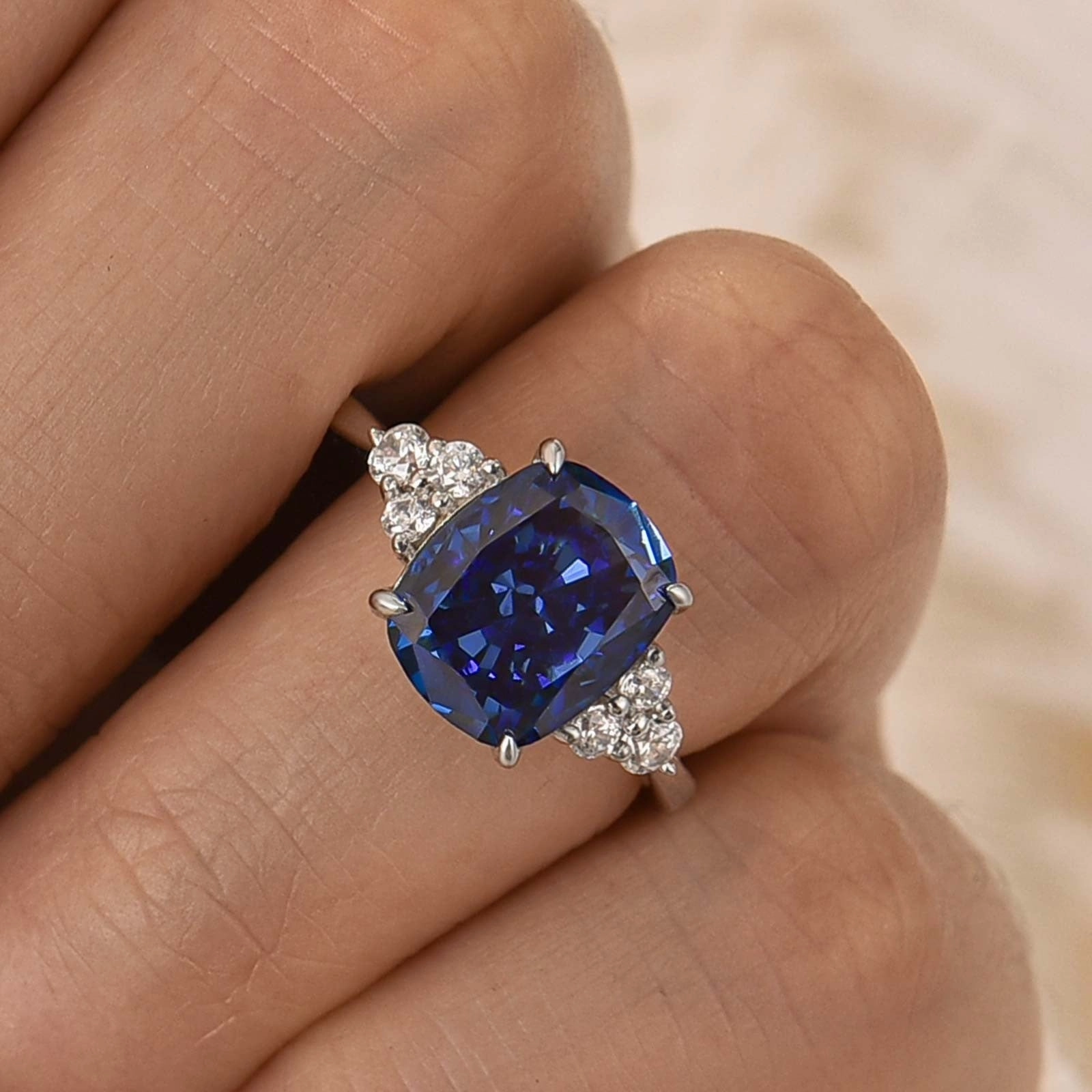 Dazzling Style 4.0Ct Cushion Cut Side Stone Engagement Ring Travel Ring In Sterling Silver