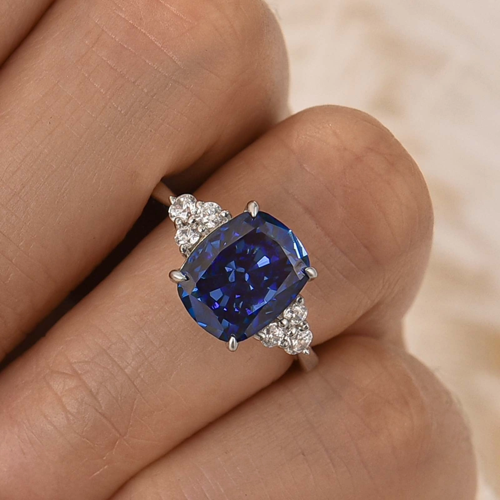 4.0Ct Cushion Cut Side Stone Engagement Ring Travel Ring In Sterling Silver Glam Choice