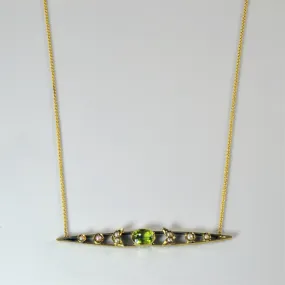 'Bespoke' Edwardian Peridot & Pearl Bar Pendant Necklace | 0.65ct | 18" | Cool Texture