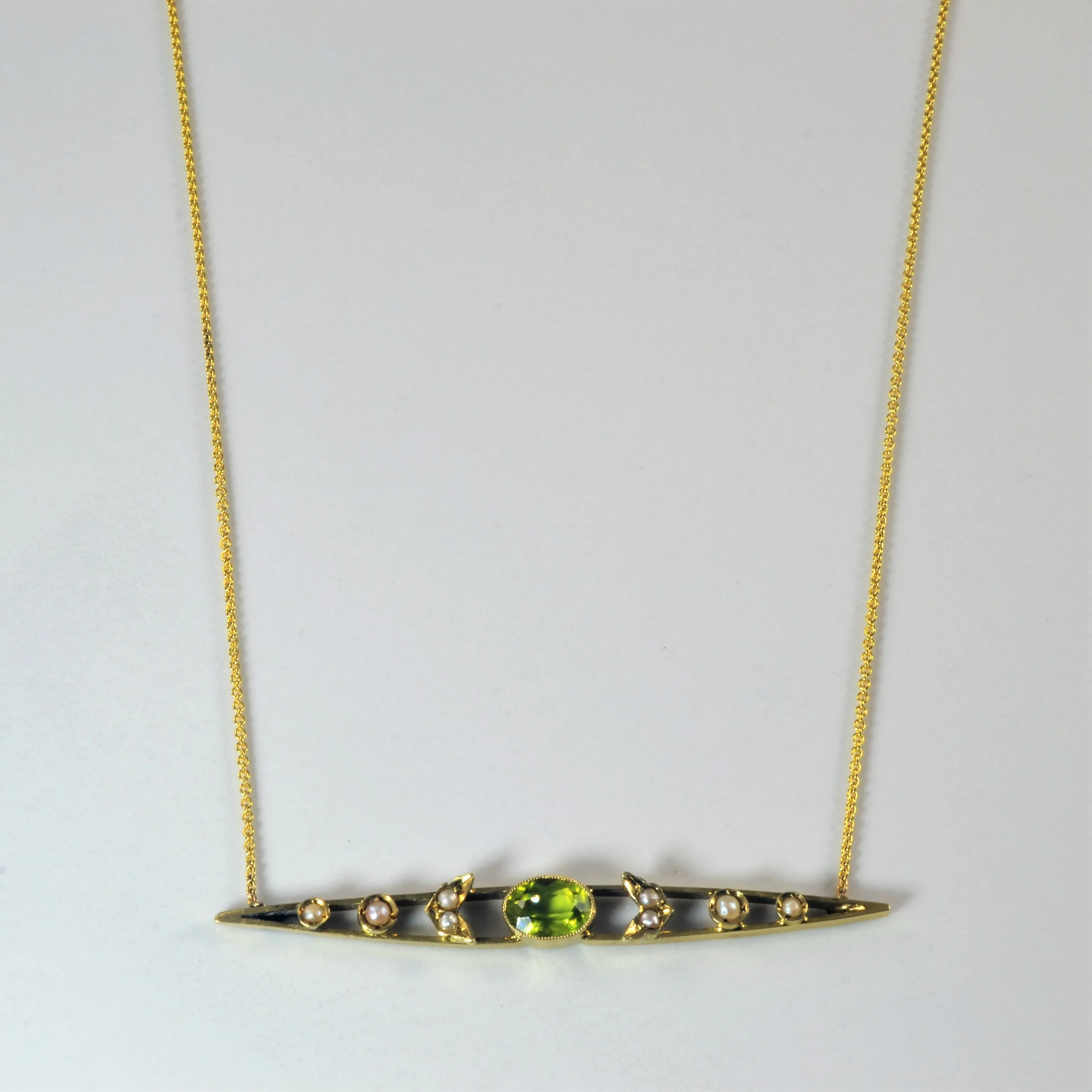 'Bespoke' Edwardian Peridot & Pearl Bar Pendant Necklace | 0.65ct | 18" | Cool Texture
