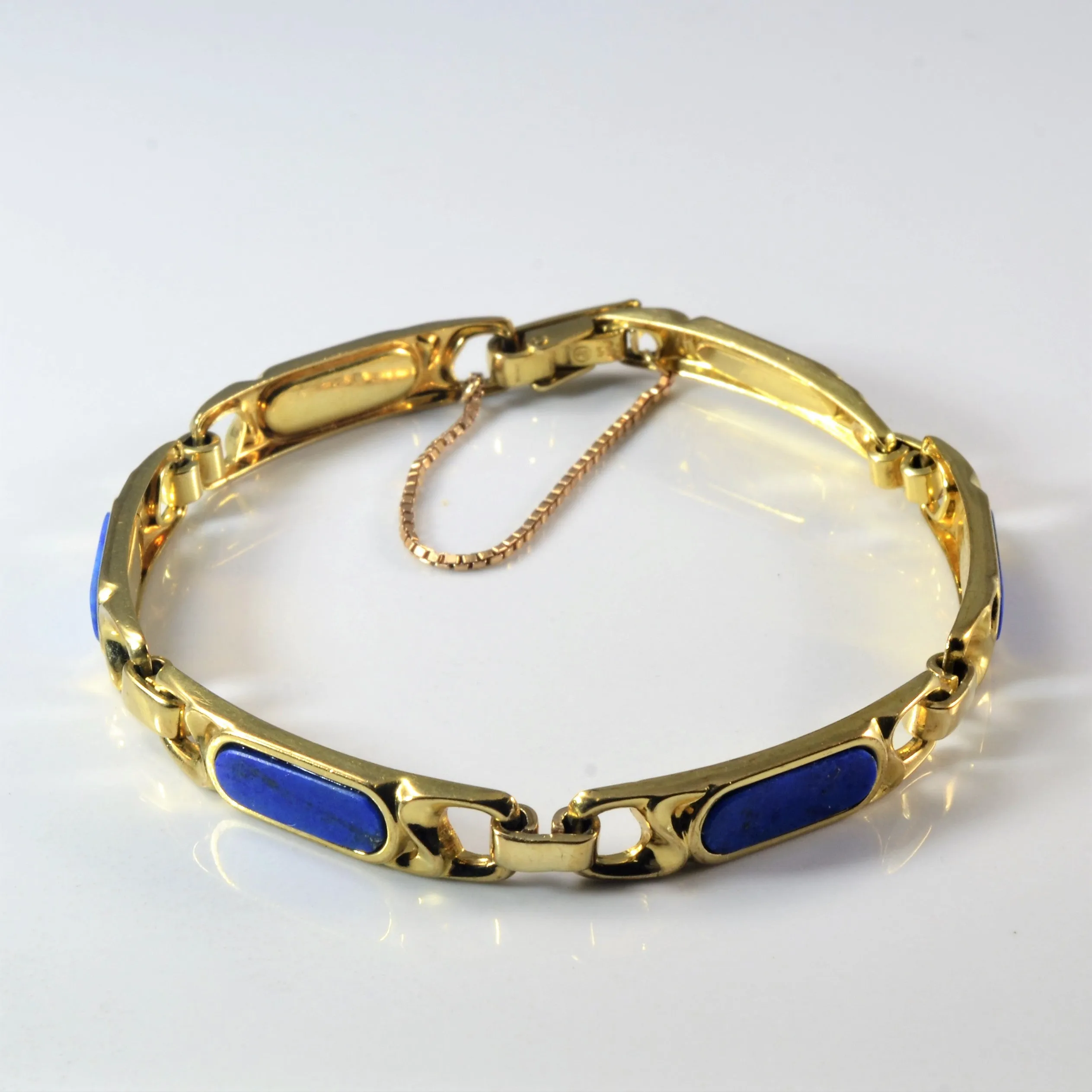 Chic Craft Bezel Set Lapis Inlay Gold Chain Bracelet | 4.50ctw | 7.5" |
