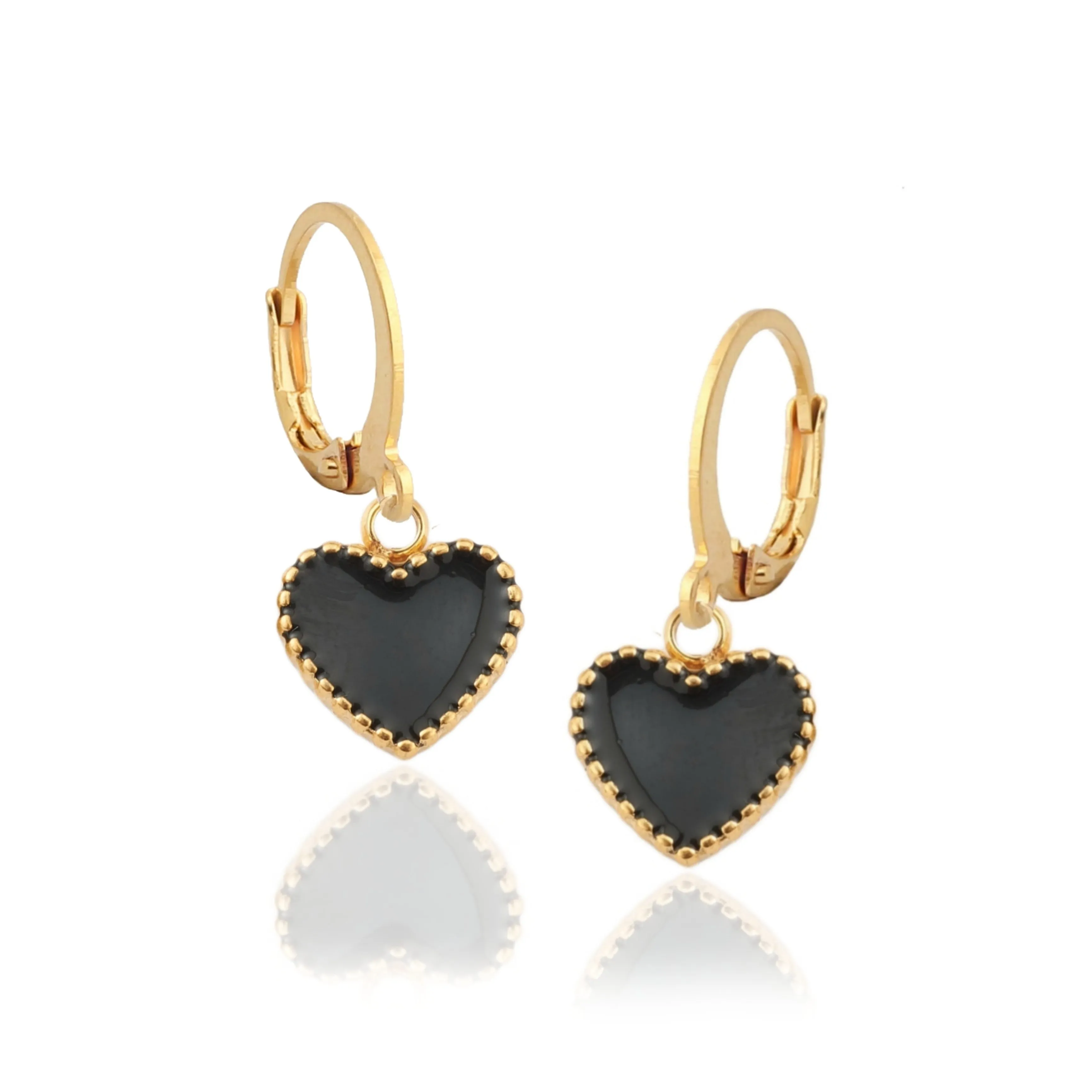 Brilliant Finish Pretty Finish Black Enamel Heart Surgical Steel Earrings