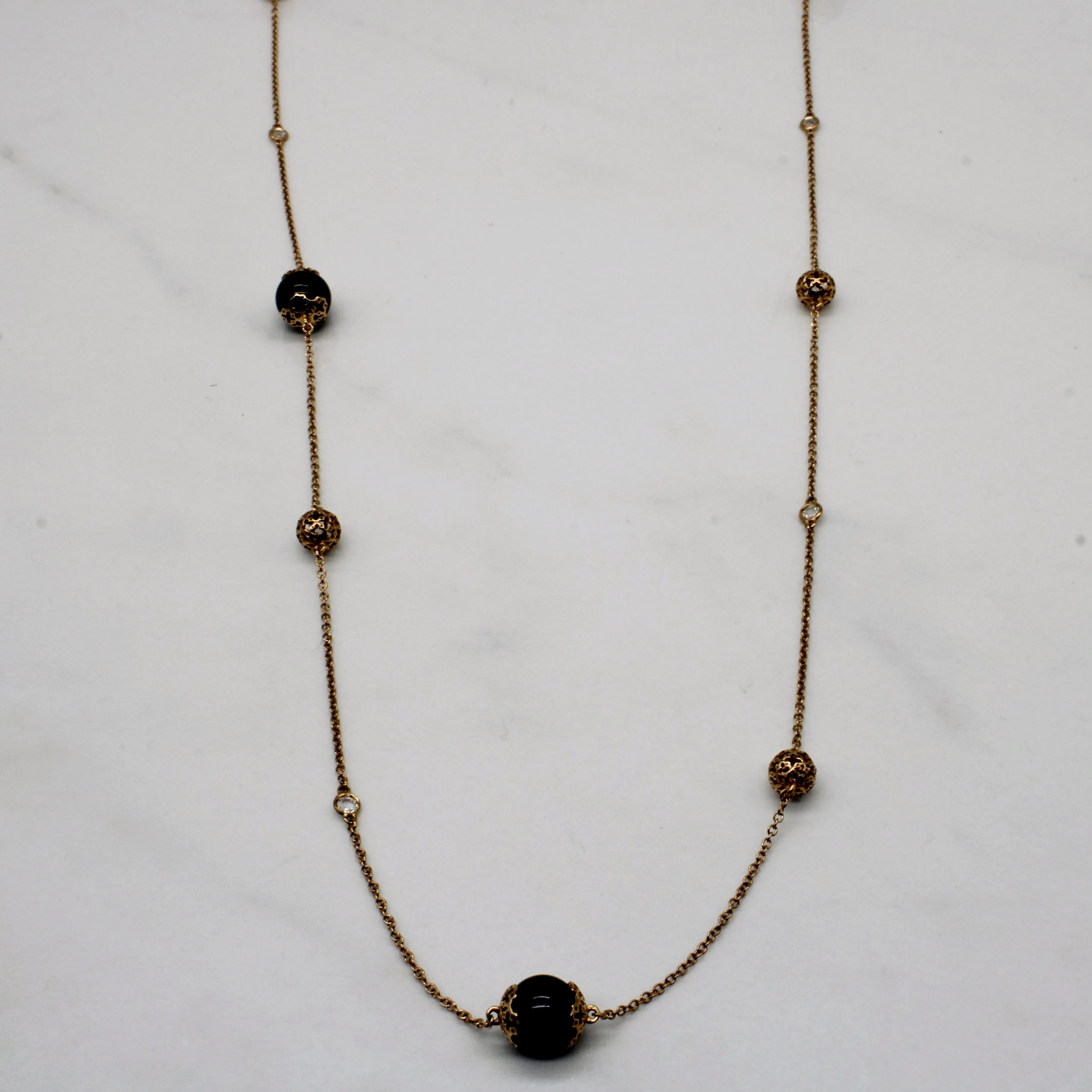 'Birks' Onyx & White Sapphire Bead Necklace | 28.00ctw, 0.35ctw | 44" | Signature Charm Chic Gifts
