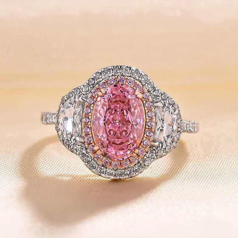 Elegant Pairing Petite Accent Louily Gorgeous Double Halo Oval Cut Pink Sapphire Three Stone Engagement Ring In Sterling Silver