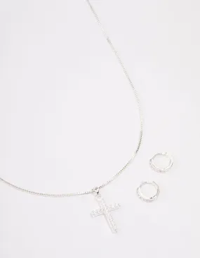 Alluring Accent Silver Plated Diamante Cross Necklace & Huggie Earrings Jewellery Set
