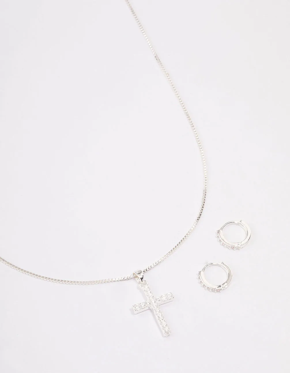 Alluring Accent Silver Plated Diamante Cross Necklace & Huggie Earrings Jewellery Set