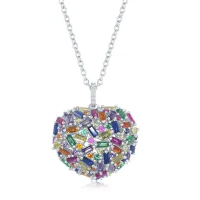 Sterling Silver Rainbow Baguette CZ Puffed Heart Necklace Luxury Design Fashion Hit