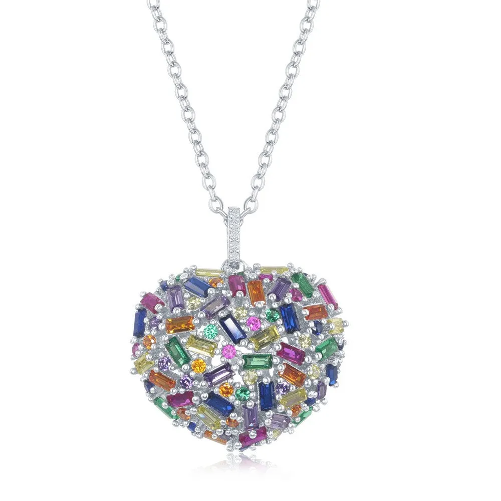 Sterling Silver Rainbow Baguette CZ Puffed Heart Necklace Comfortable Piece