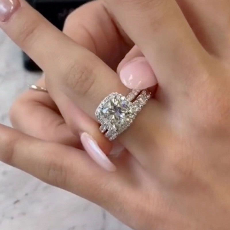 3.5 Carat Cushion Cut Halo Engagement Ring Wedding Ring Set In Sterling Silver Soft feature