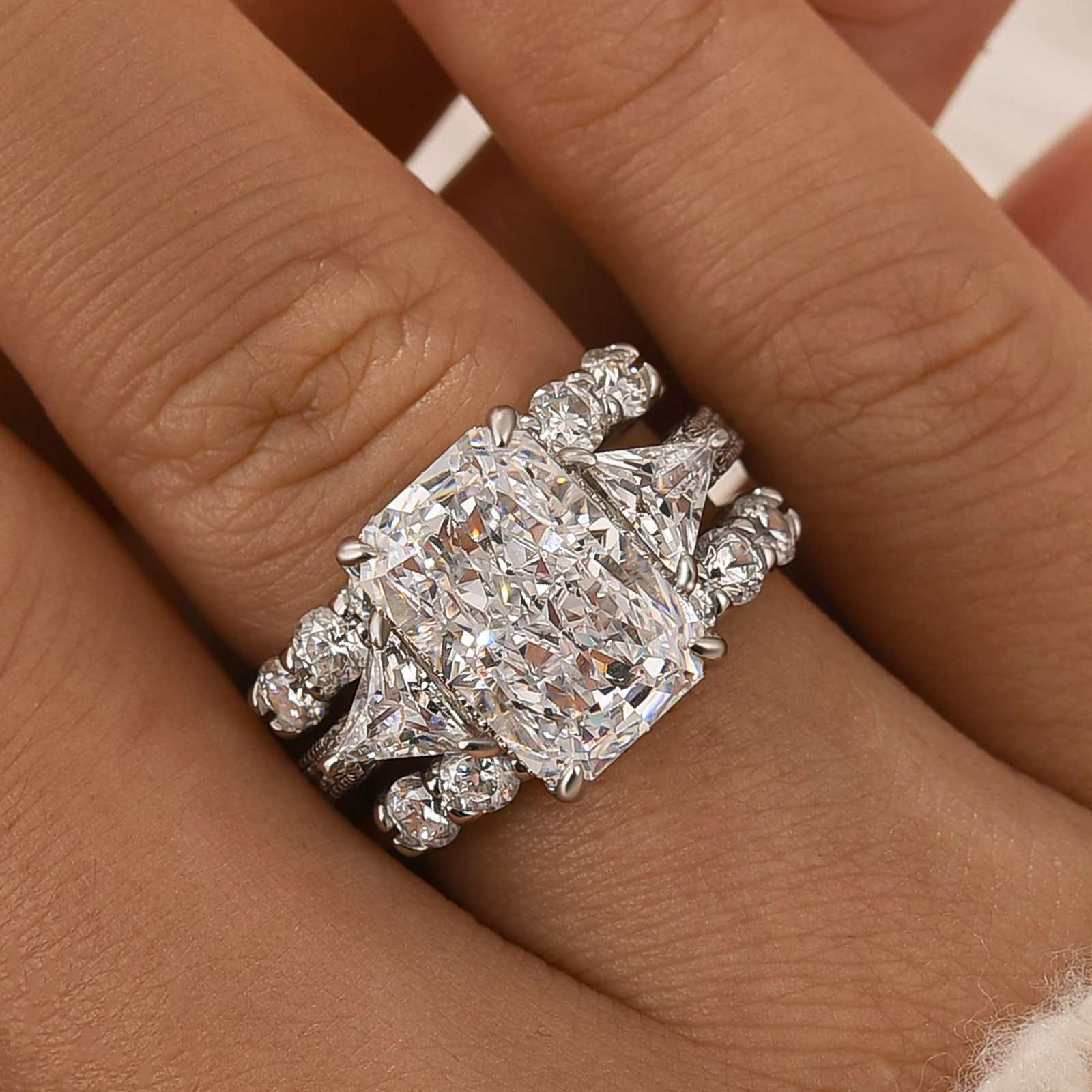 3PC Wedding Ring Set 5.0Ct Radiant Cut White Gold Side Stone Engagement Rings With 2PC Pav?? Wedding Band Fashion Edit Chic Glance