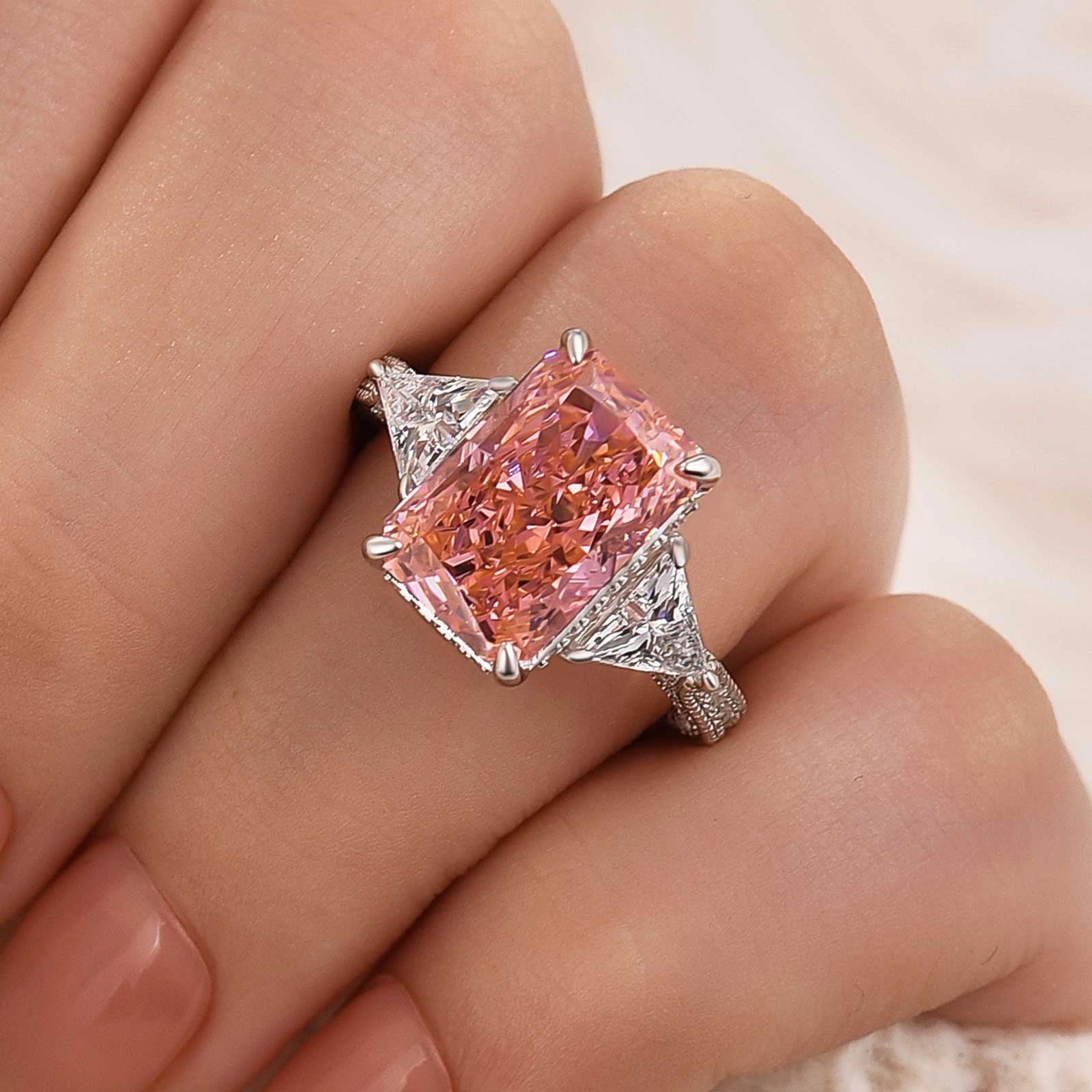 5.0 Carat Pink Radiant Cut Three Stone Engagement Ring With Hidden Halo Lifestyle Fit
