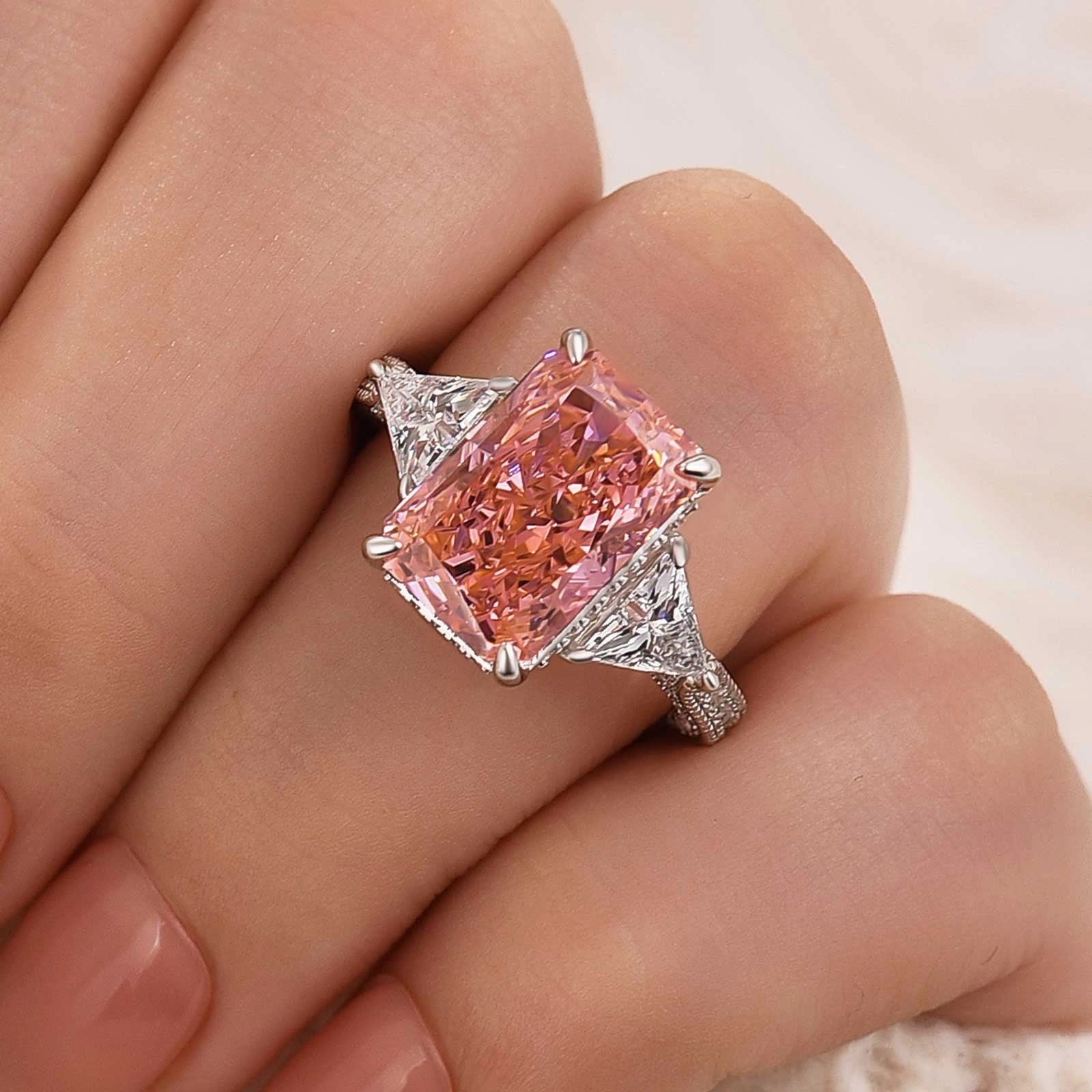 5.0 Carat Pink Radiant Cut Three Stone Engagement Ring With Hidden Halo Glimmer Accent Stylish Design