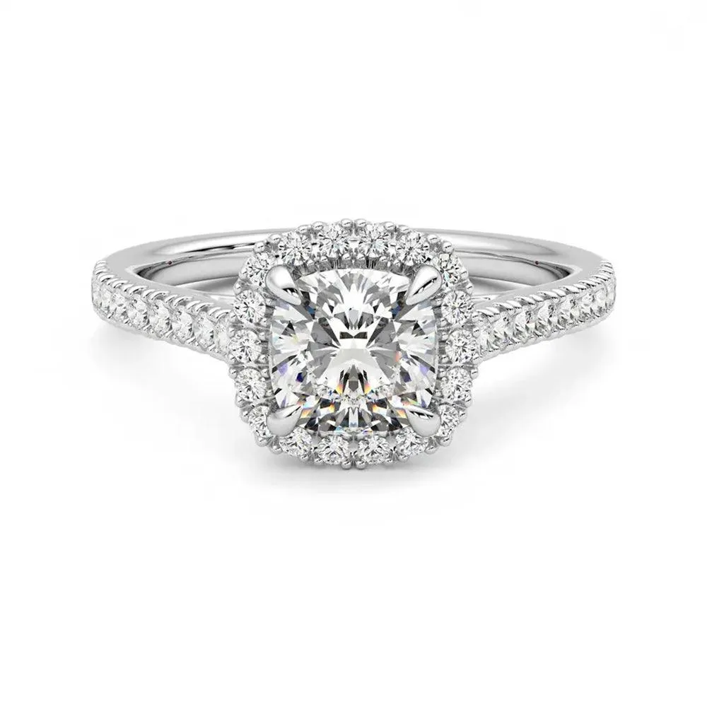 Cushion Cut Halo Moissanite Engagement Ring with Hidden Anniversary Stone Accent Edwardian Style Daily Detail