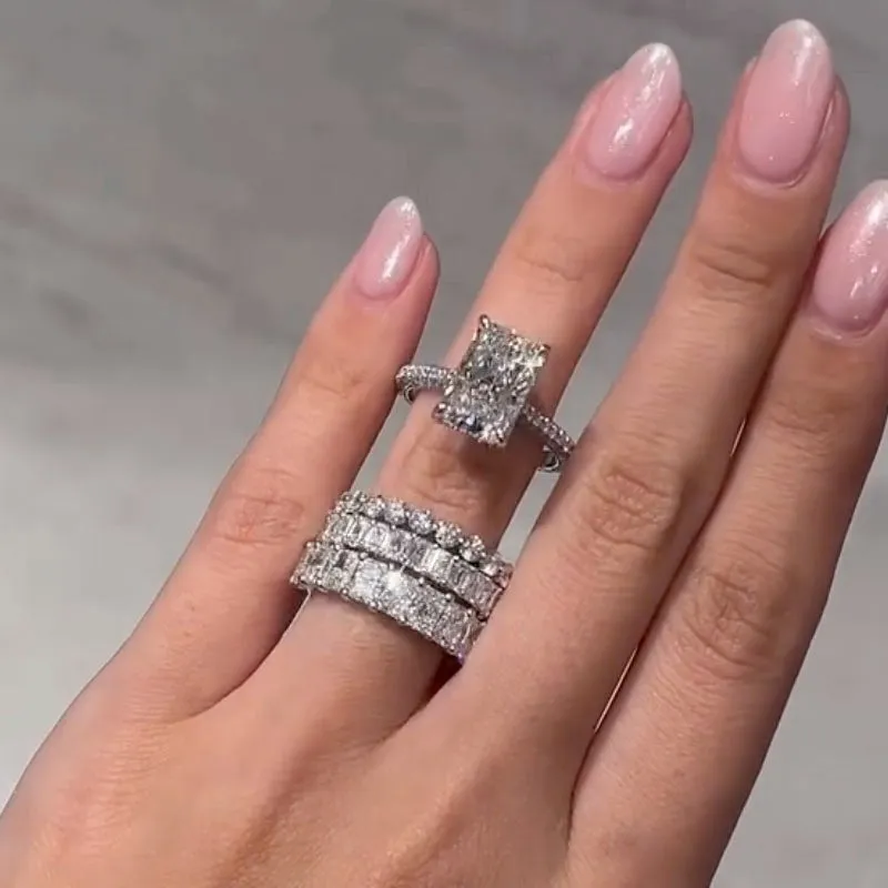 4PC 5.0Ct Radiant Cut Wedding Ring Set With Luxe Wedding Bands Elegant Beauty Glamorous Sparkle